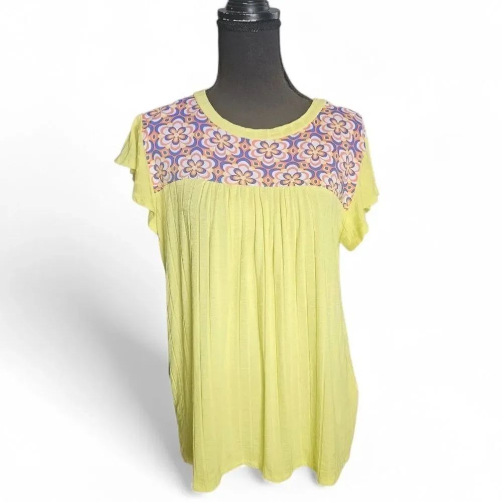 Haptics By Holly Harper Yellow Daisy Flower Yoke Rib Knit Top Size S Oversized
